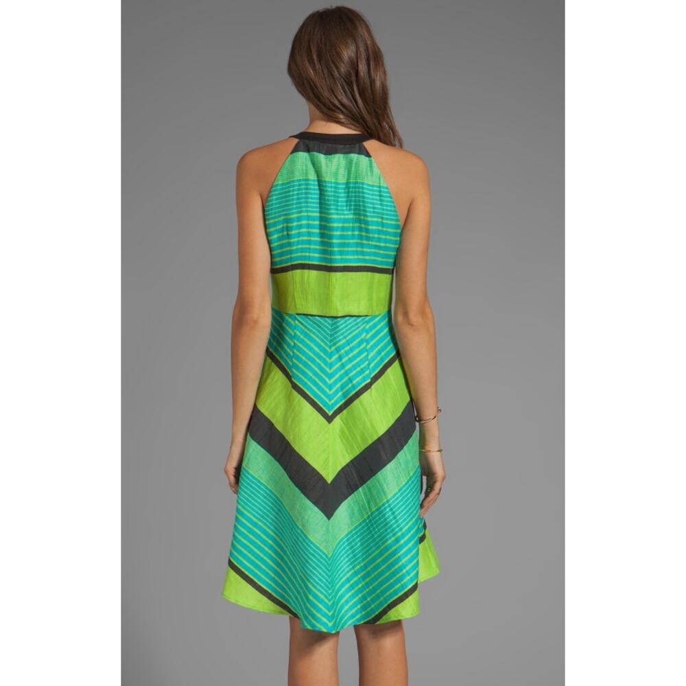 NANETTE LEPORE kiwi green blue striped Y2K Bogatelle linen blend hi lo dress - Picture 3 of 11